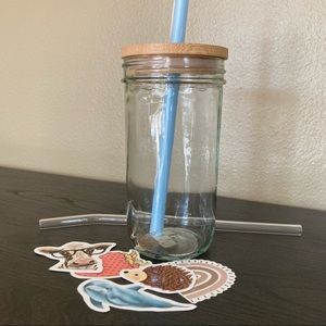 24 oz. glass jar straw cup bamboo boba stickers